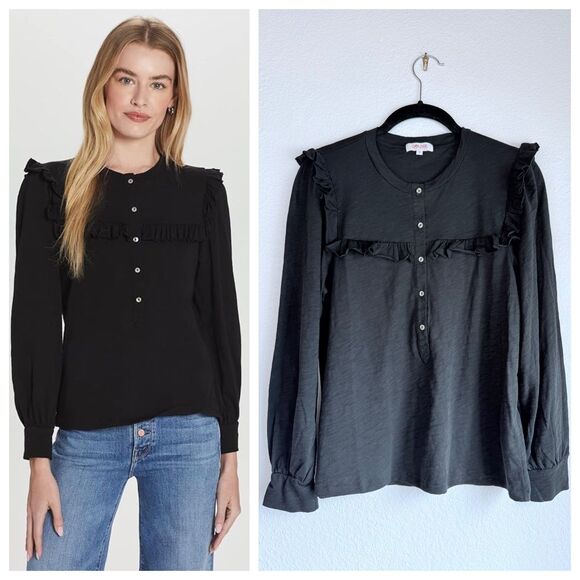 NWOT Goldie Lewinter Slub Jersey Vintage Long Sleeve Ruffle Detail Top in Black - Picture 1 of 13